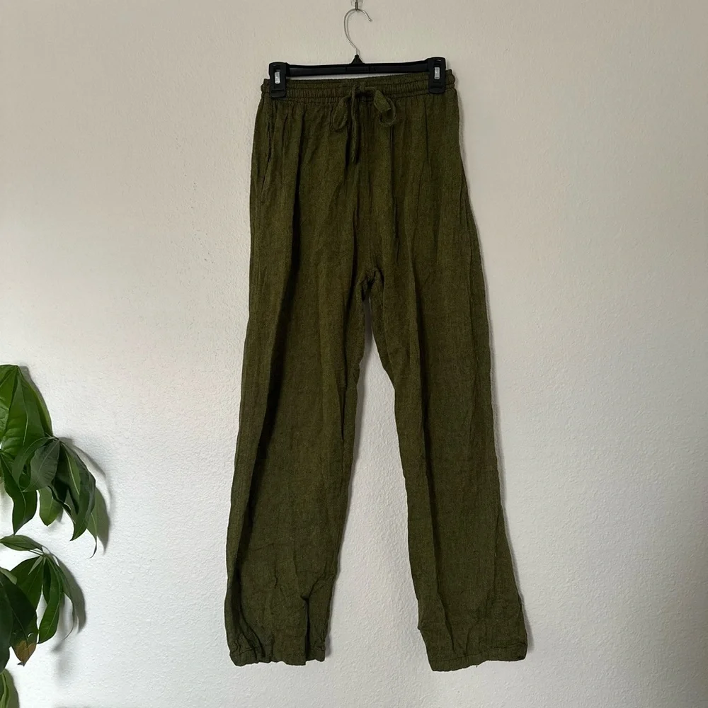 Nepal Drawstring Olive Green Pants Bohemian Handmade Pants os small - Picture 1 of 3